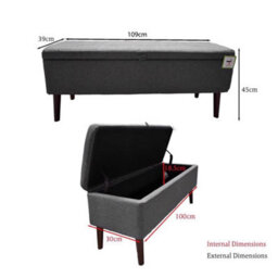 Ottoman Storage Bench Window Seat Large Toy Chest Solid Wooden Legs Grey Linen - thumbnail 2