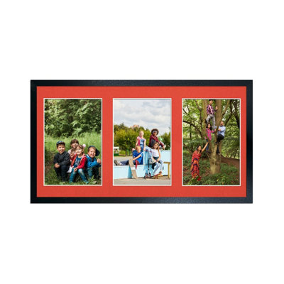 AK Frames 40X20Cm Black Sleek Multi Photo Frame With Poppy Red Mount - Holds 3 Apertures (3X) 6X4 Photos - image 1