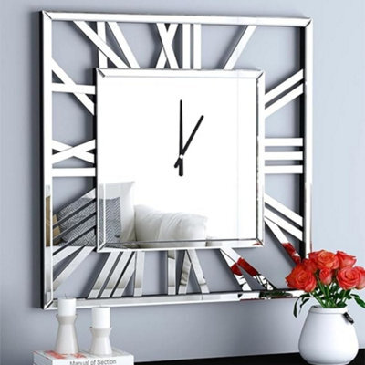 Biznest 60Cm Wall Clock Square Full Mirror Roman Numbers Clock Black Room Decoration