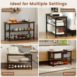 Gainoom 3-Tier Brown Shoe Rack 80 Cm Shoe Storage Bench With Metal Slat Shelves - thumbnail 8