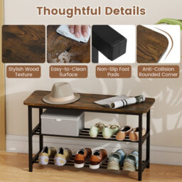 Gainoom 3-Tier Brown Shoe Rack 80 Cm Shoe Storage Bench With Metal Slat Shelves - thumbnail 9