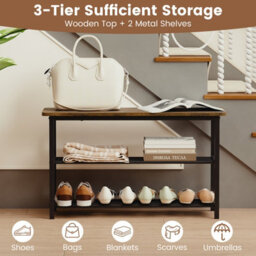 Gainoom 3-Tier Brown Shoe Rack 80 Cm Shoe Storage Bench With Metal Slat Shelves - thumbnail 6