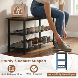 Gainoom 3-Tier Brown Shoe Rack 80 Cm Shoe Storage Bench With Metal Slat Shelves - thumbnail 7