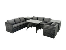 Fimous Rattan Dining Table Sofa Set With 2 Side Tables Outdoor 7 Seat Garden Furniture Set Dark Grey Mixed - thumbnail 1