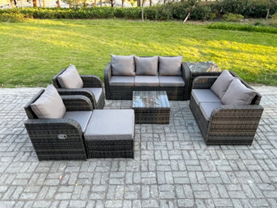 Fimous 8 Seater Garden Furniture Set Rattan Outdoor Lounge Sofa Chair With Tempered Glass Table Big Footstool Side Table - image 1