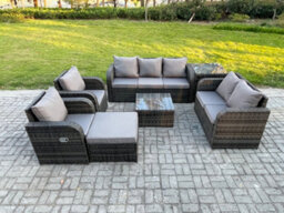 Fimous 8 Seater Garden Furniture Set Rattan Outdoor Lounge Sofa Chair With Tempered Glass Table Big Footstool Side Table - thumbnail 1