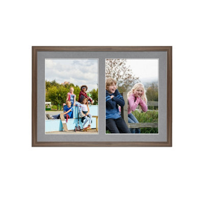 AK Frames 20X14 Walnut Sleek Multi Photo Frame With Mid Grey Mount - Holds 2 Apertures (2X) A4 Photos - image 1