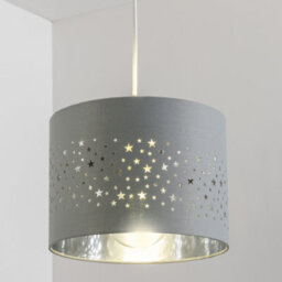 CGC Lighting Cgc Round Drum Childrens Lampshade Star Pattern Grey Shade Light Stars Lamp Shade 25Cm Easy Fit Kids Bedroom Playroom Toy Room - thumbnail 1