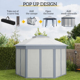 Outsunny 3X4M Hexagon Gazebo W/ Mesh Curtains Outdoor Garden, Grey - thumbnail 4