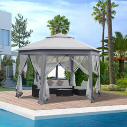 Outsunny 3X4M Hexagon Gazebo W/ Mesh Curtains Outdoor Garden, Grey - thumbnail 1