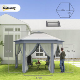 Outsunny 3X4M Hexagon Gazebo W/ Mesh Curtains Outdoor Garden, Grey - thumbnail 3