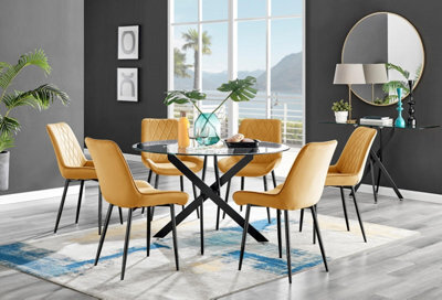 Furniturebox Uk Novara Black Leg 120Cm Round Glass Dining Table & 6 Mustard Pesaro Black Leg Chairs - image 1