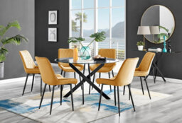 Furniturebox Uk Novara Black Leg 120Cm Round Glass Dining Table & 6 Mustard Pesaro Black Leg Chairs - thumbnail 1
