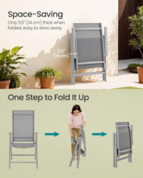Songmics Set Of 4 Folding Garden Chairs, Featuring Metal Frame And 8-Angle Reclining, Comfortable Outdoor Seating, Grey - thumbnail 5