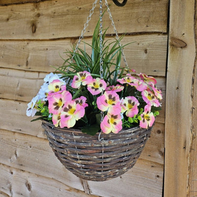 Best Artificial 14 Inch / 35Cm Pink & White Faux Pansy Flower With Rattan Wicker Hanging Basket For Indoor Or Outdoor Use - image 1