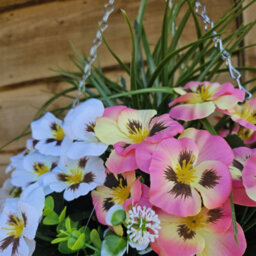 Best Artificial 14 Inch / 35Cm Pink & White Faux Pansy Flower With Rattan Wicker Hanging Basket For Indoor Or Outdoor Use - thumbnail 4