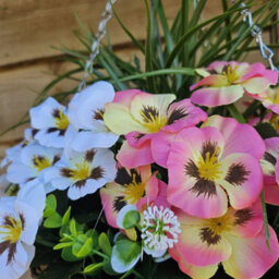 Best Artificial 14 Inch / 35Cm Pink & White Faux Pansy Flower With Rattan Wicker Hanging Basket For Indoor Or Outdoor Use - thumbnail 3