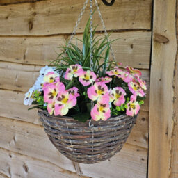 Best Artificial 14 Inch / 35Cm Pink & White Faux Pansy Flower With Rattan Wicker Hanging Basket For Indoor Or Outdoor Use