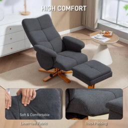 Linen Recliner Chair And Footstool Wooden Base Grey - thumbnail 5