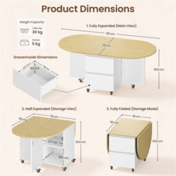 Yaheetech Expandable Coffee Table With 6 Wheels, 50.5Cm H Foldable Living Room Table With 2 Drawers And 2-Layer Cabinet, White/oak - thumbnail 3