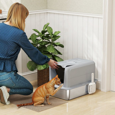 Pawhut Stainless Steel Cat Litter Box With Removable Lid, Scoop, Grey - image 1