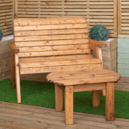 Samuel Alexander 2 Seater Chunky Rustic Wooden Garden Furniture Bench With Coffee Table & Green Cushions - thumbnail 4