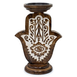 Serenityy Mango Wood Candle Stand With Carved Hamsa, Large 25 X 18 Cm - Natural Wood Finish - thumbnail 4