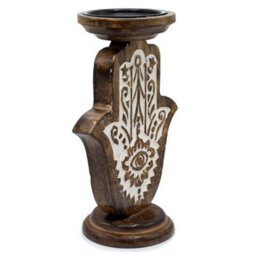 Serenityy Mango Wood Candle Stand With Carved Hamsa, Large 25 X 18 Cm - Natural Wood Finish - thumbnail 5