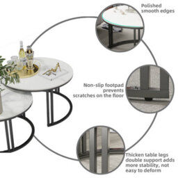 Fativo 70X40 & 57X35Cm Coffee Table Set Of 2 Nesting Accent Tables White Sintered Stone Marble Top Stacking Side Desk - thumbnail 5
