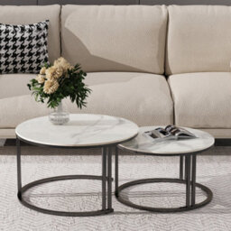 Fativo 70X40 & 57X35Cm Coffee Table Set Of 2 Nesting Accent Tables White Sintered Stone Marble Top Stacking Side Desk - thumbnail 9