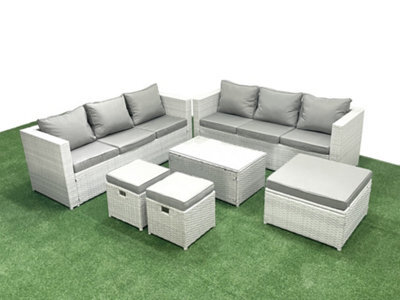 Fimous Garden Outdoor Pe Rattan Furniture Set 9 Seater Rattan Garden Sofa Set 3 Stools Light Grey - image 1