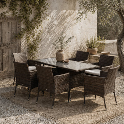 Wyld Haus Dine Rattan 7-Piece Outdoor Dining Set - Rectangular Tempered Glass Table With 6 Cushioned Armchairs - image 1