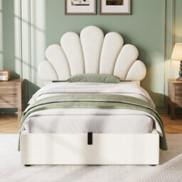 Abrihome 3Ft Velvet Single Hydraulic Bed With Adjustable Petal Headboard & Solid Wood Slats, Beige (No Mattress) - thumbnail 8