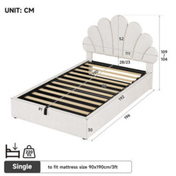 Abrihome 3Ft Velvet Single Hydraulic Bed With Adjustable Petal Headboard & Solid Wood Slats, Beige (No Mattress) - thumbnail 5