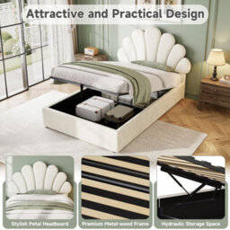 Abrihome 3Ft Velvet Single Hydraulic Bed With Adjustable Petal Headboard & Solid Wood Slats, Beige (No Mattress) - thumbnail 4