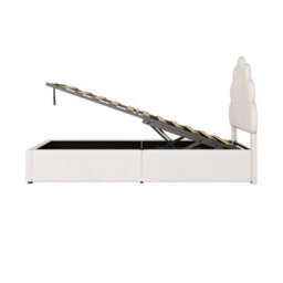 Abrihome 3Ft Velvet Single Hydraulic Bed With Adjustable Petal Headboard & Solid Wood Slats, Beige (No Mattress) - thumbnail 6