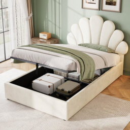 Abrihome 3Ft Velvet Single Hydraulic Bed With Adjustable Petal Headboard & Solid Wood Slats, Beige (No Mattress)