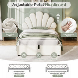 Abrihome 3Ft Velvet Single Hydraulic Bed With Adjustable Petal Headboard & Solid Wood Slats, Beige (No Mattress) - thumbnail 3