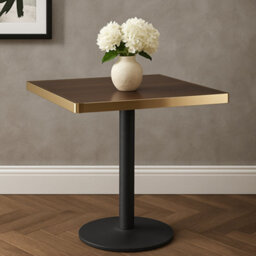 70Cm Square Walnut Effect Bistro Dining Table With Brushed Gold Edge & Black Pedestal Base - thumbnail 1