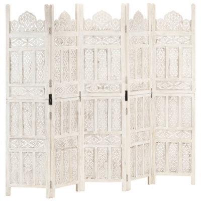 Vidaxl Hand Carved 5-Panel Room Divider White 200X165 Cm Solid Mango Wood Room Dividers - image 1