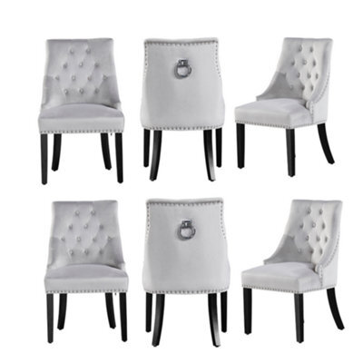 Life Interiors Set Of 6 Light Grey Velvet Dining Chairs Ergonomic Scoop Knockerback & Button Tufted Wood Legs - image 1