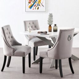 Life Interiors Set Of 6 Light Grey Velvet Dining Chairs Ergonomic Scoop Knockerback & Button Tufted Wood Legs - thumbnail 9