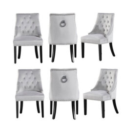 Life Interiors Set Of 6 Light Grey Velvet Dining Chairs Ergonomic Scoop Knockerback & Button Tufted Wood Legs