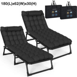 Double Black Reclining Sun Lounger Garden Folding Chair Bed Recliner Beach Camping With Mat - thumbnail 1