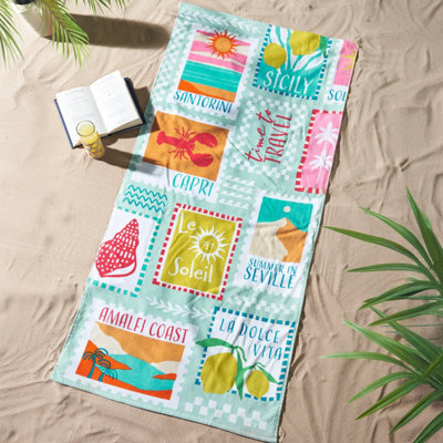 Catherine Lansfield Postcards 76X160Cm Cotton Beach Towel Sage Green - image 1