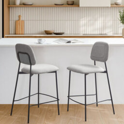Wyld And Coco Set Of 2 Bar Chairs Light Grey Faux Linen Upholstery Black Powder-Coated Iron Frame - thumbnail 2