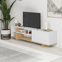 Decortie Modern Stockton Tv Unit Up To 65 Inch Tvs 4-Open Shelf Flip-Door Storage Cabinet 35.6X160Cm Living Room Oak,white - thumbnail 1
