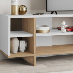 Decortie Modern Stockton Tv Unit Up To 65 Inch Tvs 4-Open Shelf Flip-Door Storage Cabinet 35.6X160Cm Living Room Oak,white - thumbnail 5