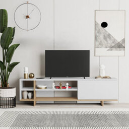 Decortie Modern Stockton Tv Unit Up To 65 Inch Tvs 4-Open Shelf Flip-Door Storage Cabinet 35.6X160Cm Living Room Oak,white - thumbnail 4
