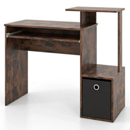 Compact Home Office Desk With Open Shelf & Fabric Storage Drawer-Rustic Brown - thumbnail 1